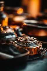 A focused view of vintage kitchenware with intricate details, glowing warmly under ambient light, creating a cozy and nostalgic mood on a dark rustic table