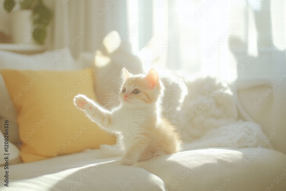 Poster cute kitten playfully exploring a bright living room with soft sunlight streaming through the window
