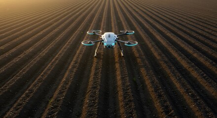 High tech farming drone surveying planted field during sunrise promoting precision monitoring for improved crop yield and enhanced farm management with advanced rural technologies