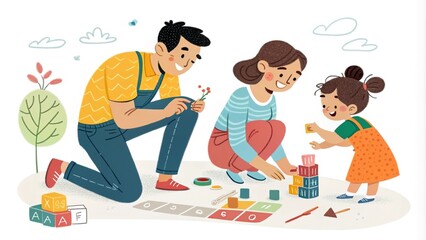 Dad and mom playing with their little daughter on the playground