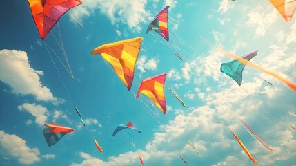 A playful scene of colorful kites flying high in the sky, symbolizing freedom and joy on a breezy day.
