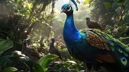 Fototapeta premium A playful illustration of a peacock interacting with other birds in a vibrant forest, showcasing a variety of colors and textures.