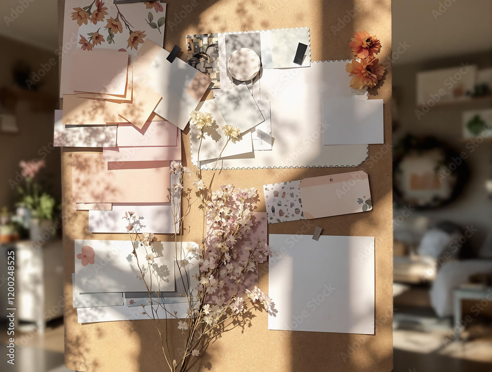 Poster  a collection of papers and images pinned to a corkboard in a room with sunlight streaming in, creating a warm, inviting atmosphere. The papers and images are arranged in various sizes and shapes, cre