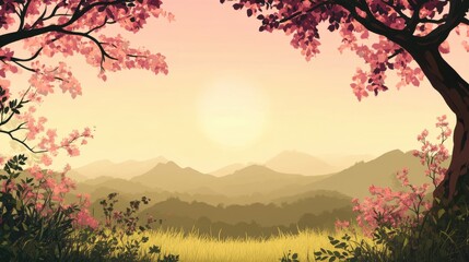 Serene sunset view from a blossoming hilltop.
