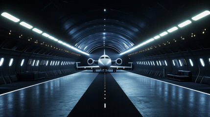 Obraz premium an airplane parked in the center of an empty, dark and futuristic tunnel with LED lights on both sides