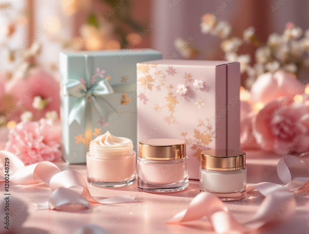 Poster a beautiful display of skincare products, including jars of cream and a box adorned with a floral de
