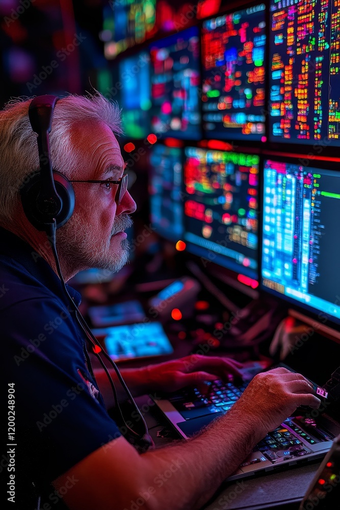 Poster focused trader analyzing stock market data on multiple monitors in a high-tech environment