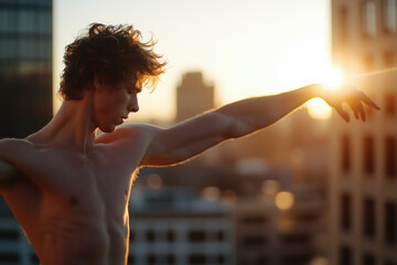 Graceful Male Ballet Dancer Strikes a Pose on a Rooftop at Sunset, Embracing the Golden Light and Urban Skyline