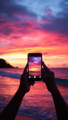 Capturing the Magic Smartphone Photography of a Vibrant, Colorful Sunset over Tranquil Ocean Waves