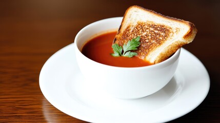 Delicious tomato soup with toasted bread cozy kitchen food photography warm atmosphere close-up view comfort food concept