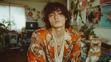 Bohemian lifestyle portrait in cozy, vintage room with cats and eclectic decor