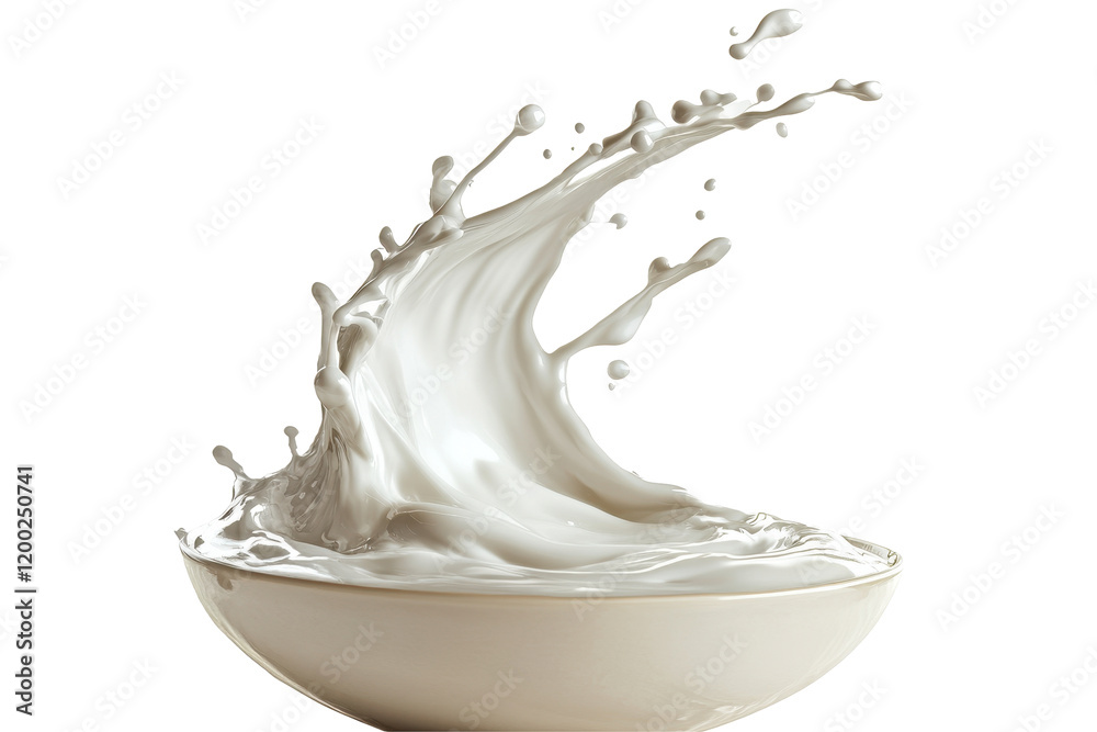 Poster splash of milk in a bowl with a textured surface against a transparent white background