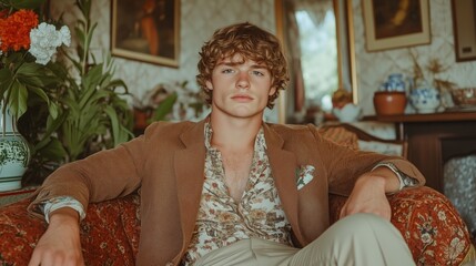Casual vintage style portrait of a young man in a cozy living room setting