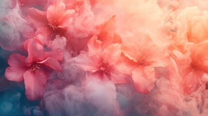 Fototapeta premium Dreamy coral flowers in soft smoke