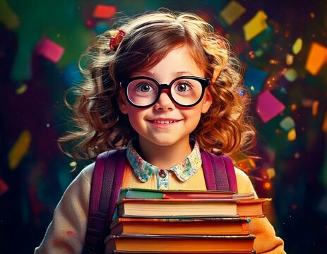 Eifriger Sch&uuml;ler mit gro&szlig;er Brille und B&uuml;chern &ndash; Lustiges Einschulungsmotiv
