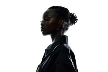 Stylish woman wearing a black hat and elegant outfit posing gracefully against a transparent background