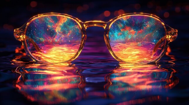 Metaphysical mirage with surreal glasses, illusory water forms, dreamlike landscapes, and ethereal tones. Illustration