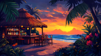 Tropical tiki bar paradise at sunset vibrant cocktails exotic decor lush vegetation and beachfront ambiance created by ai. Lush Tropical Paradise. Illustration