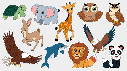 Cute Cartoon Animals stickers Collection - Fun Wildlife Illustration. A collection of adorable cartoon animal stickers featuring a turtle, elephant, giraffe, owl, rabbit, eagle, dolphin, lion, panda, 