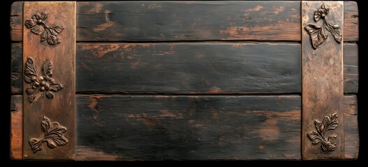 Fototapeta premium Rustic wood plank background with metal floral accents for design projects
