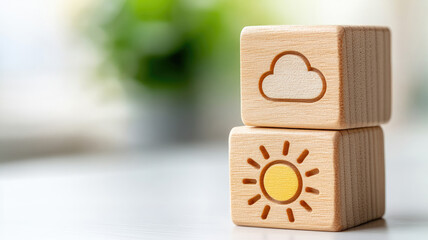Wooden blocks depicting cloud and sun symbols, representing weather concepts on white background
