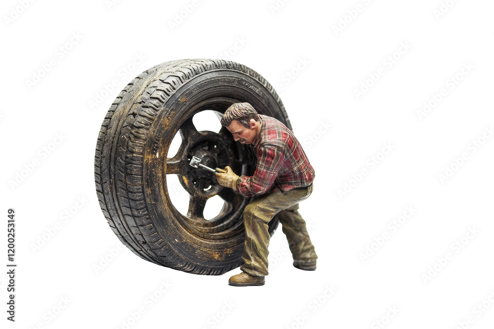 Poster man repairing a tire while wearing gloves and an orange jacket on a white background with transparen