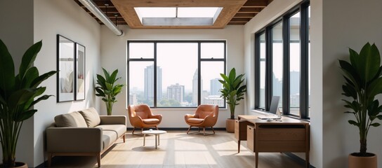Fototapeta premium A contemporary vacant coworking space with a warm inviting atmosphere