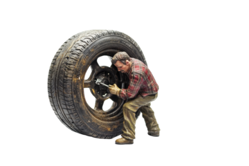 Man repairing a tire while wearing gloves and an orange jacket on a white background with transparent details
