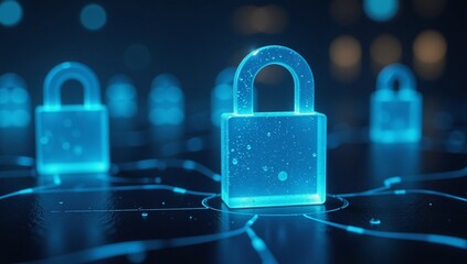 Digital image portraying lock-illuminated by rain symbolizing data security within a metaphorical cyberspace environment Metaphoric Cybersecurity Concepts