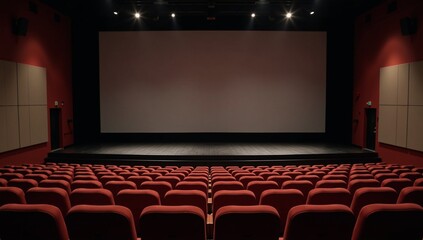 Wide-format stage setup with rows of seating and an empty screen
