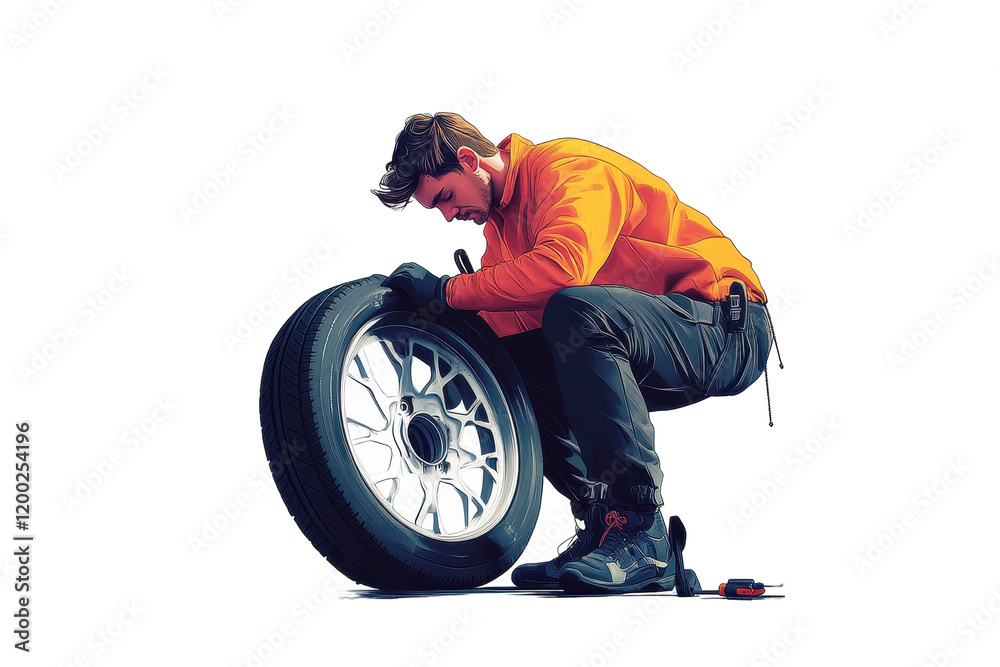 Poster man repairing a tire while wearing gloves and an orange jacket on a white background with transparen