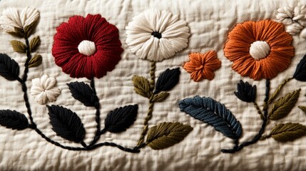 Colorful floral embroidery on textured fabric background