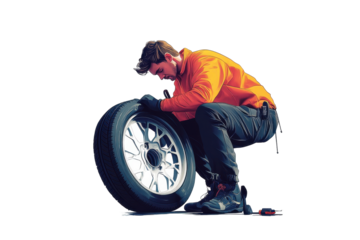 Man repairing a tire while wearing gloves and an orange jacket on a white background with transparent details