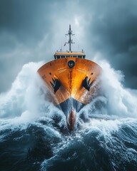 Large cargo vessel navigating through rough seas under dramatic sky