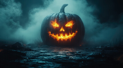 Glowing Jack-o'-lantern in a Foggy Night Scene