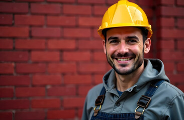 Mockup banner smiling male construction worker in yellow hard hat looking at camera on brick background with space for text
