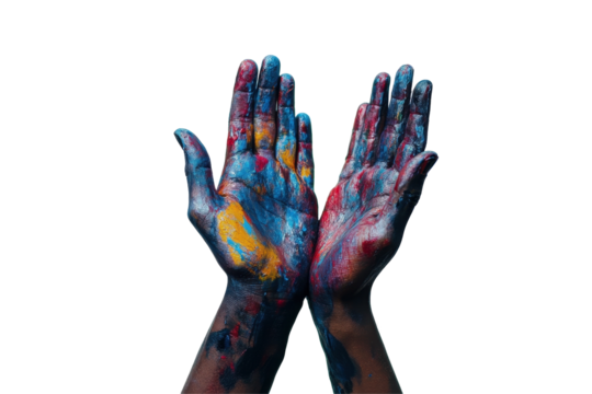 Hands covered in vibrant paint showcasing creativity and artistic expression against a clean white background