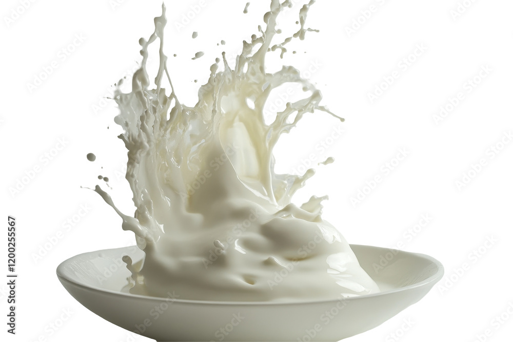 Poster splash of milk in a bowl with a textured surface against a transparent white background