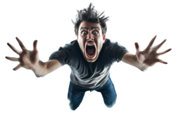 Person screaming with outstretched arms on a transparent background captured in a dramatic moment of emotion and energy