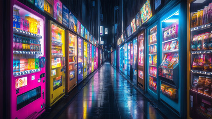 路地に並ぶキャンディのような自動販売機が彩る夜景
