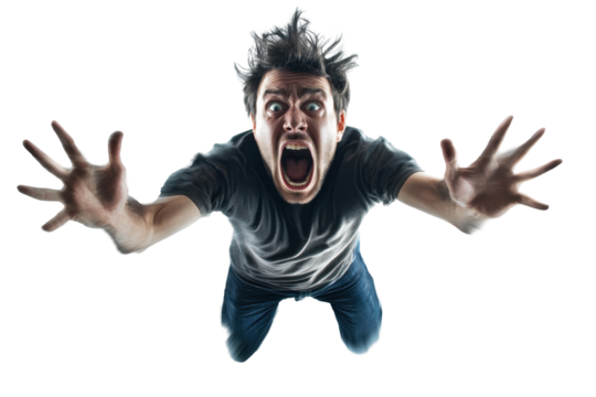 Person screaming with outstretched arms on a transparent background captured in a dramatic moment of emotion and energy