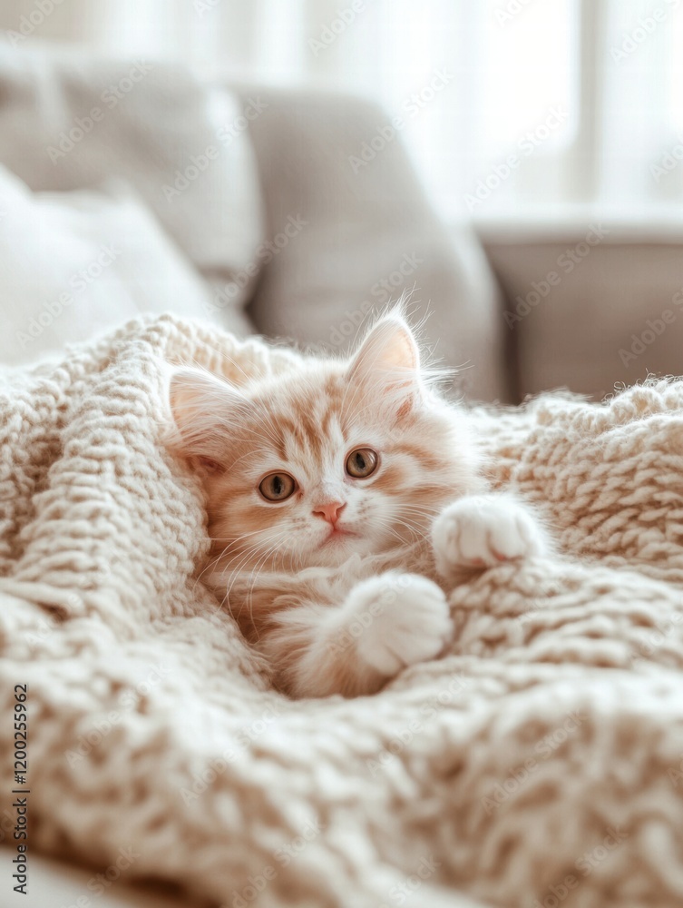Poster playful kitten enjoys sunshine in cozy living room while resting on soft blanket. generative ai