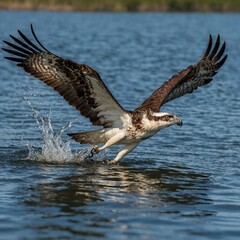 Fototapeta premium Osprey Bird Landing in Water with Splash. Osprey fishing for a meal. A tern hovering over calm, clear shallows teeming with fish. 