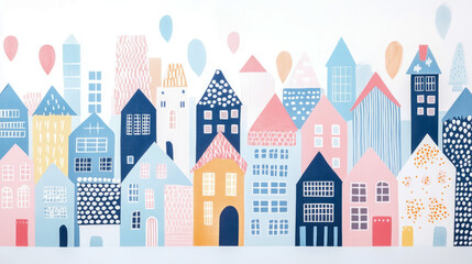 Obraz premium Charming Town Illustration: Pastel-Colored Houses and Balloons