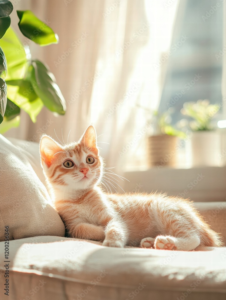 Poster cute kitten plays in a sunny living room filled with light and warmth while exploring comfortable fu