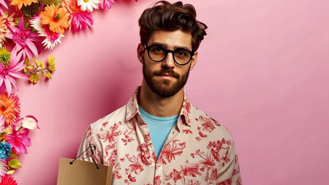 Stylish man with shopping bag posing on pink floral wall background. Summer sales season. - Powered by Adobe