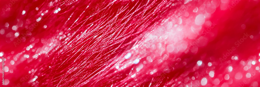 Wall mural close-up view of shiny red fibers with sparkling details reflecting light