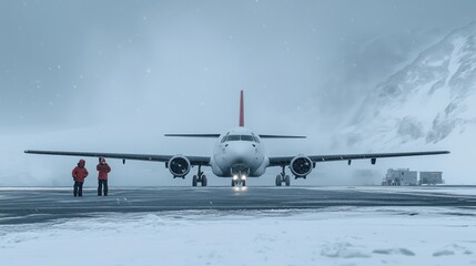 Cargo airplane landing in a snowy antarctic base with ground crew