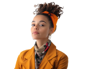 Stylish woman in yellow hat and sunglasses poses against a white background, showcasing a contemporary fashion aesthetic with effortless charm