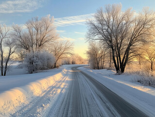 Obraz premium Snowy Road at Sunrise with Frost-Covered Trees and Clear Blue Sky Capturing Winter's Beauty